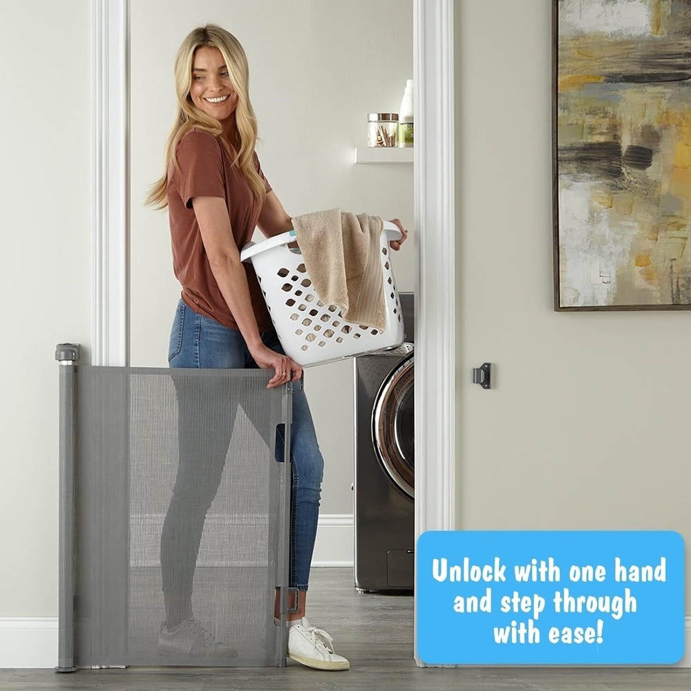 Cumbor Baby Pet Mesh Gate 33" Tall Retractable Barrier Extends to 55" for Stairs - Picture 10 of 11